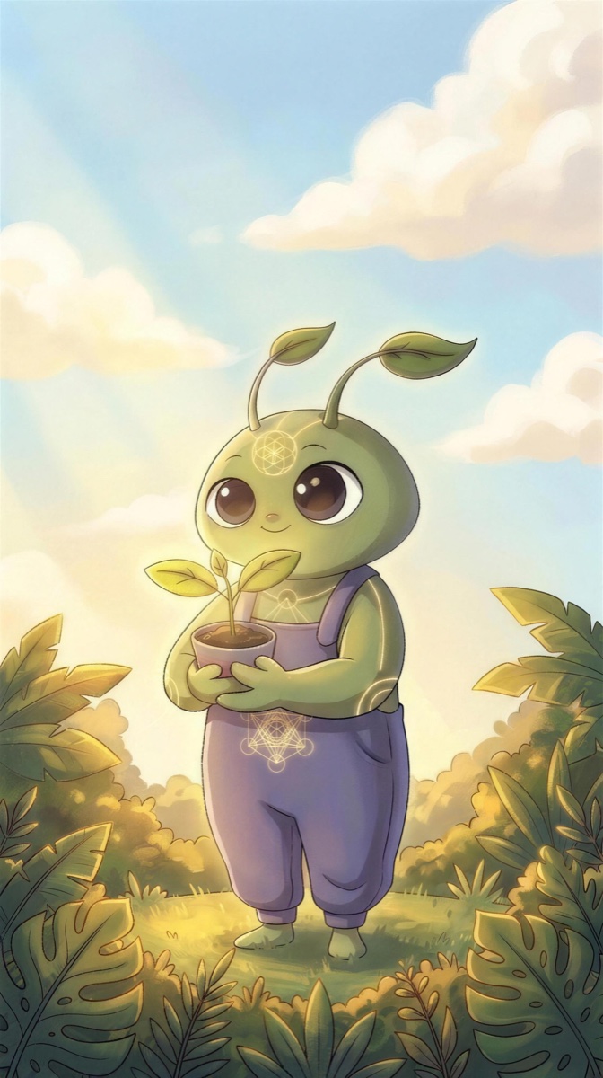 The Galactic Garden alien botanist standing in a sunny garden, holding a potted sprout.
